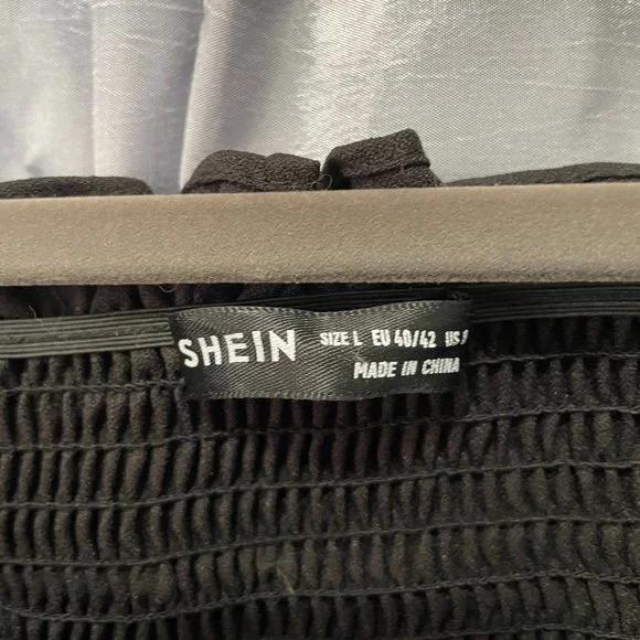 SHEIN Black Dobby Mesh Sleeve Shirred Bardot Peplum Top Polka Dot - Sz L - Picture 5 of 5